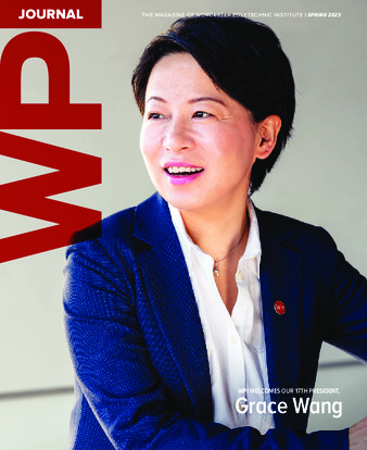 Front cover of WPI Journal featuring WPI President Grace Wang, Spring 2023