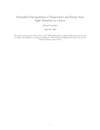 Generalized Extrapolation of Temperature and Energy from Light Emissions in a Fusor la vignette