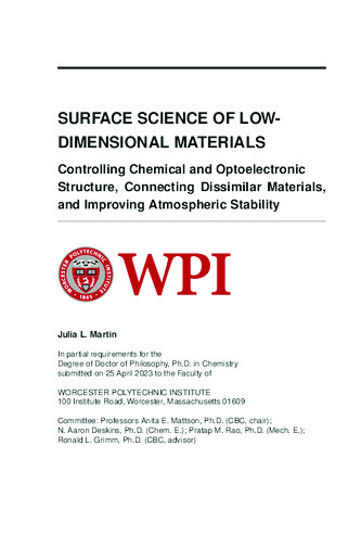 Surface Science of Low-Dimensional Materials: Controlling Chemical and Optoelectronic Structure, Connecting Dissimilar Materials, and Improving Atmospheric Stability thumbnail