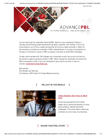 AdvancedPBL Newsletter, Spring 2020 thumbnail